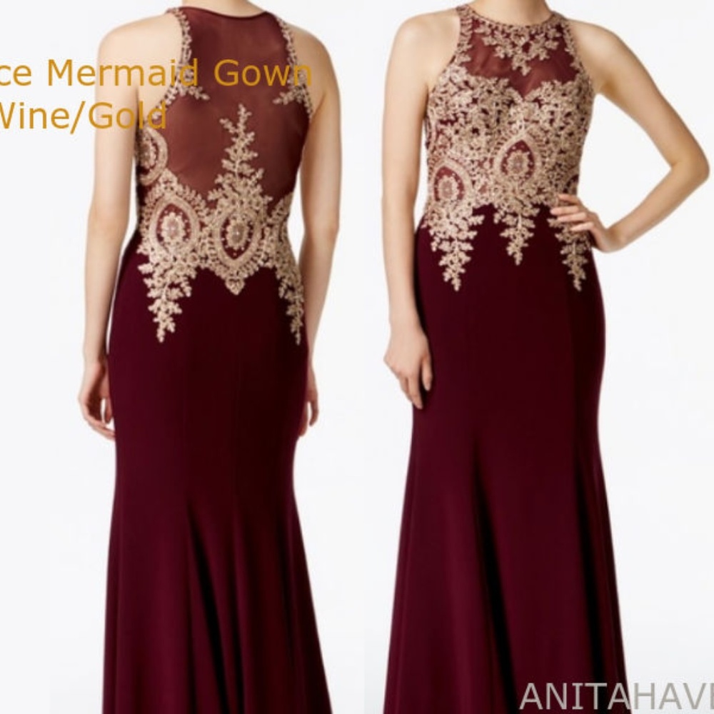 XSCAPE Floral Lace Mermaid Gown Wine Gold